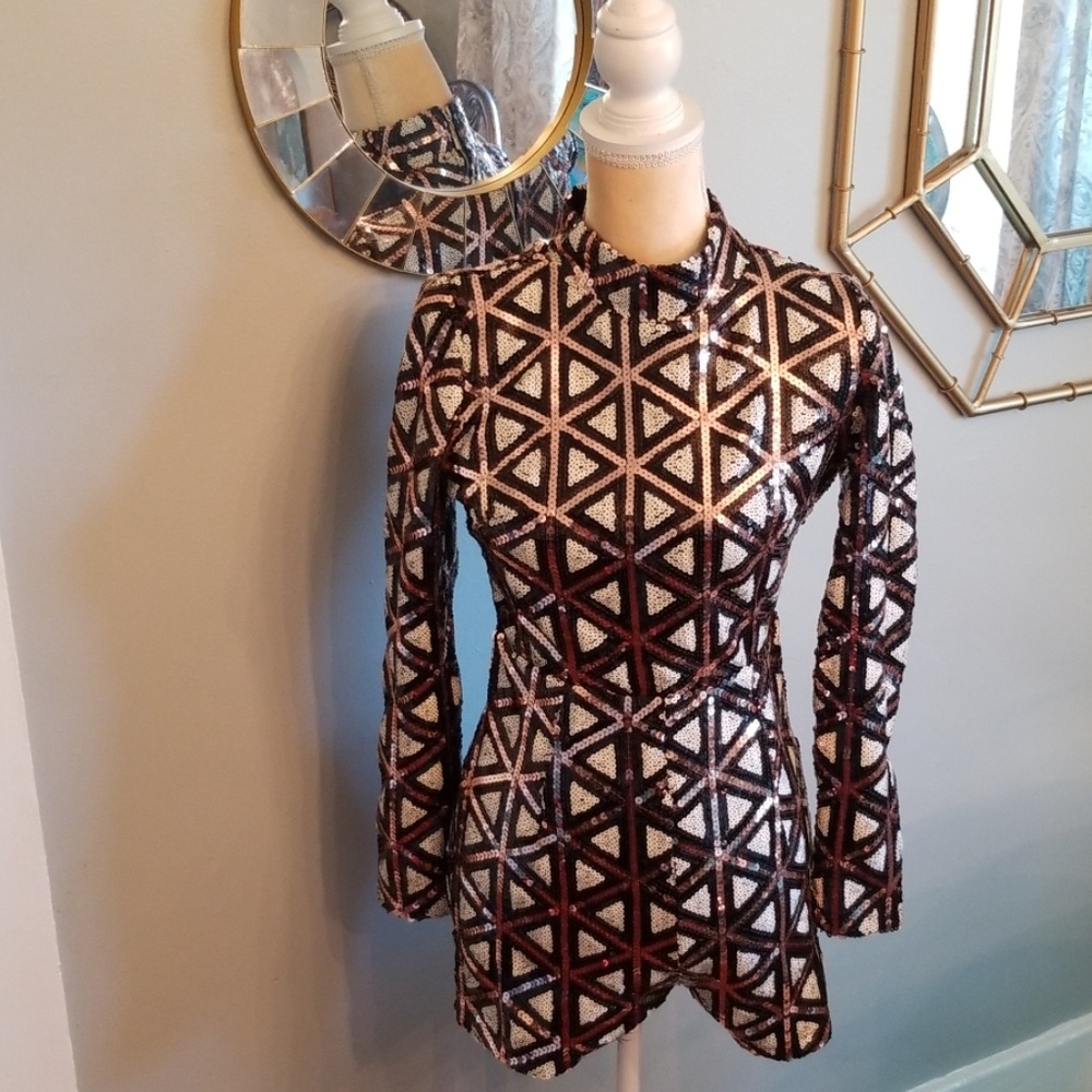 AKIRA Black, White & Rose Gold Geometric Sequin Long Sleeve Romper